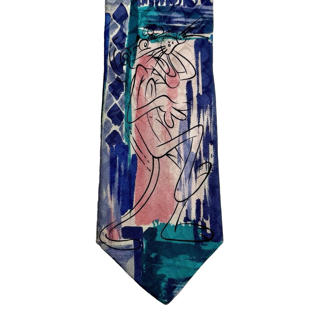 PINK PANTHER Men's Silk Tie - VNTG Novelty Cartoon Blue Pink Green 56" x 3.75"